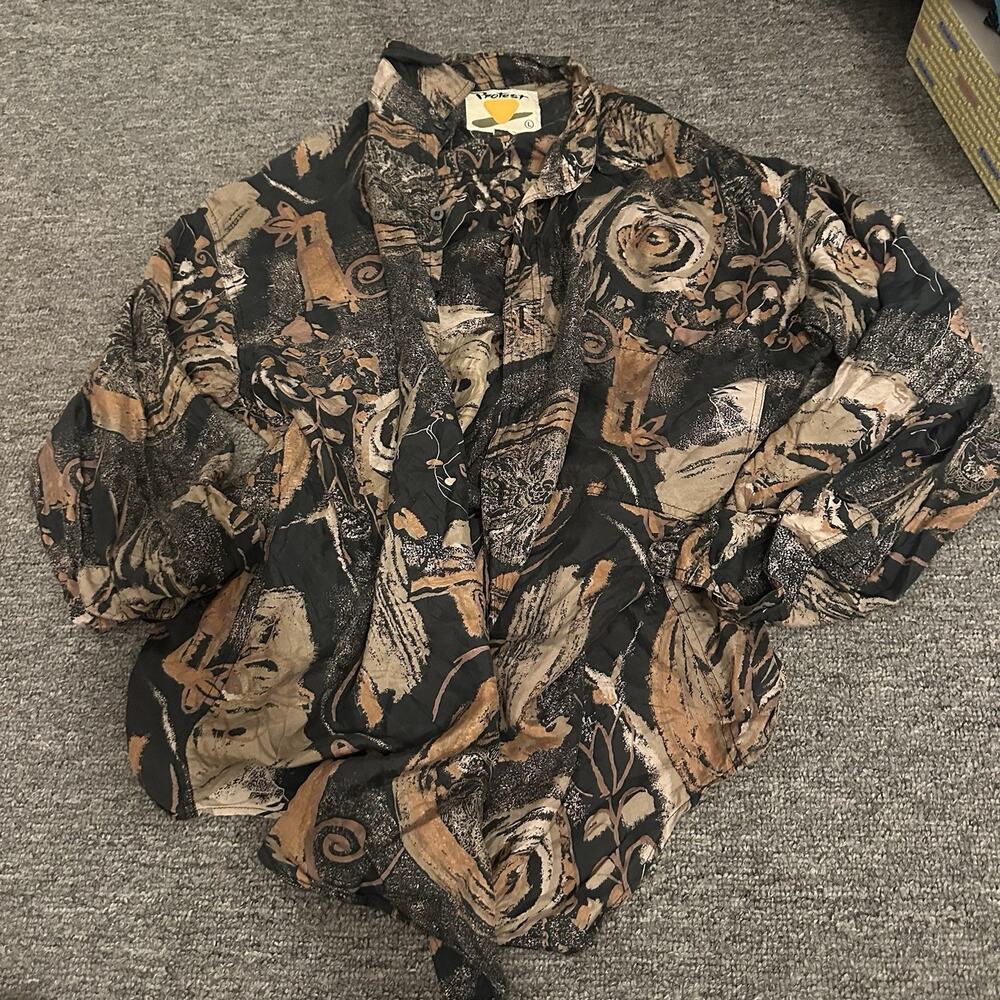 Vintage PROTEST 90s Abstract Multi-Color Silk Button Front Neutral Brown Size L